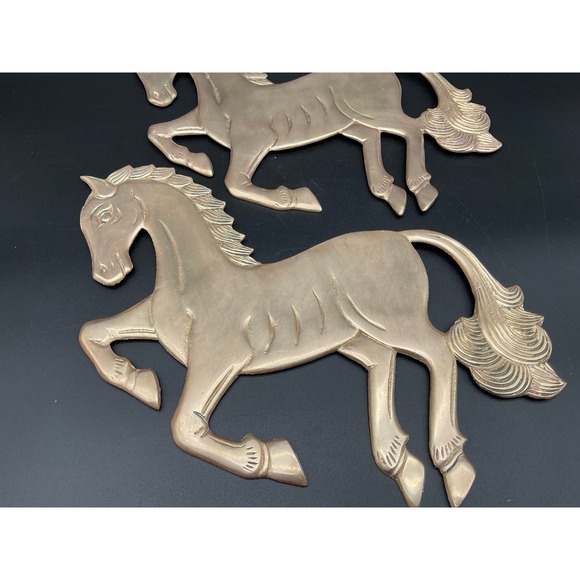 Vintage Midcentury Brass Horse Wall Hangings Pair Galloping Stallion Silhouettes - Picture 6 of 9